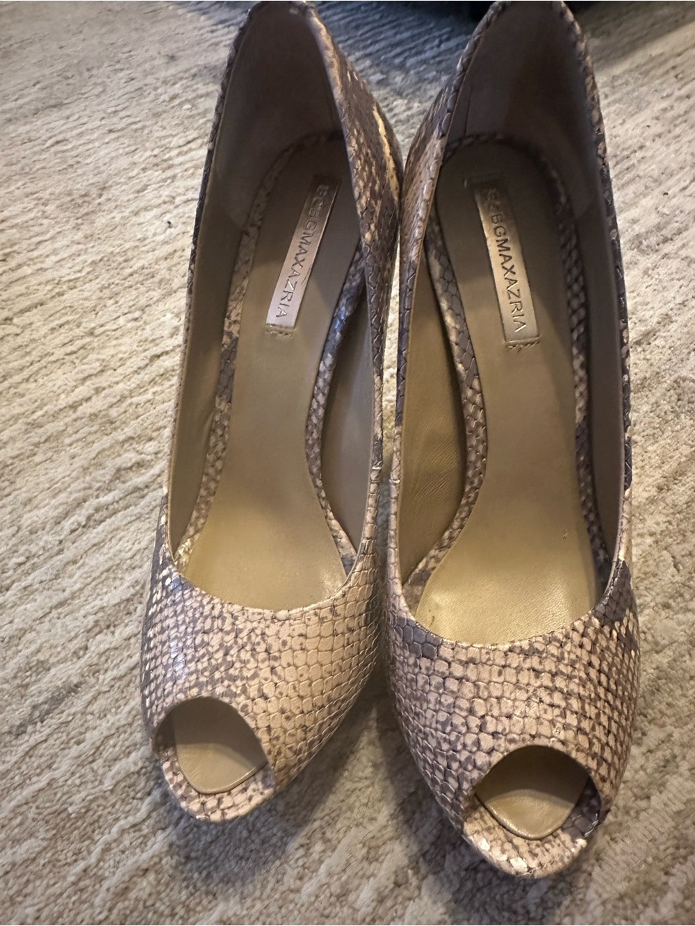 BCBGMaxAzria Taupe Snake-Print Peep-Toe Heels